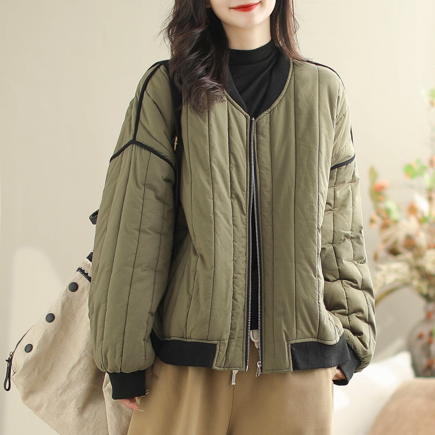 Women Stylish Cotton Quilted Loose Jacket Oct 2023 New Arrival One Size Green 