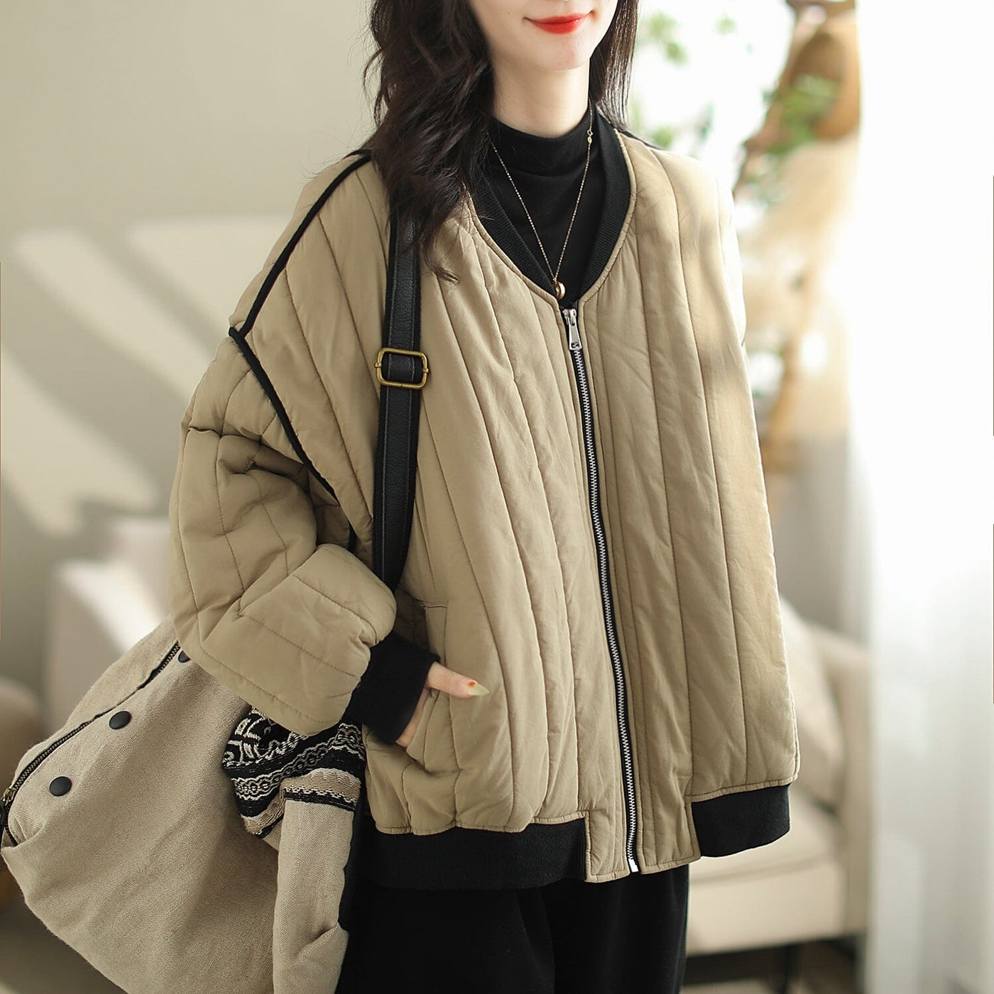 Women Stylish Cotton Quilted Loose Jacket Oct 2023 New Arrival One Size Khaki 