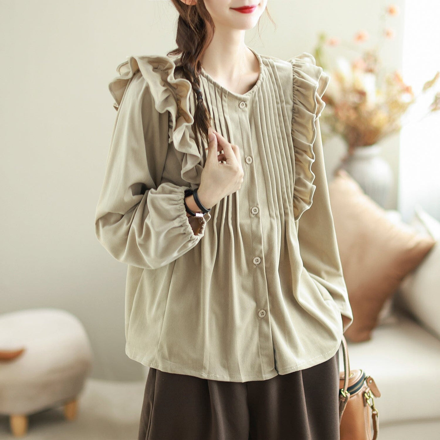 Women Stylish Fashion Casual Ruffle Autumn Blouse Sep 2023 New Arrival One Size Beige 