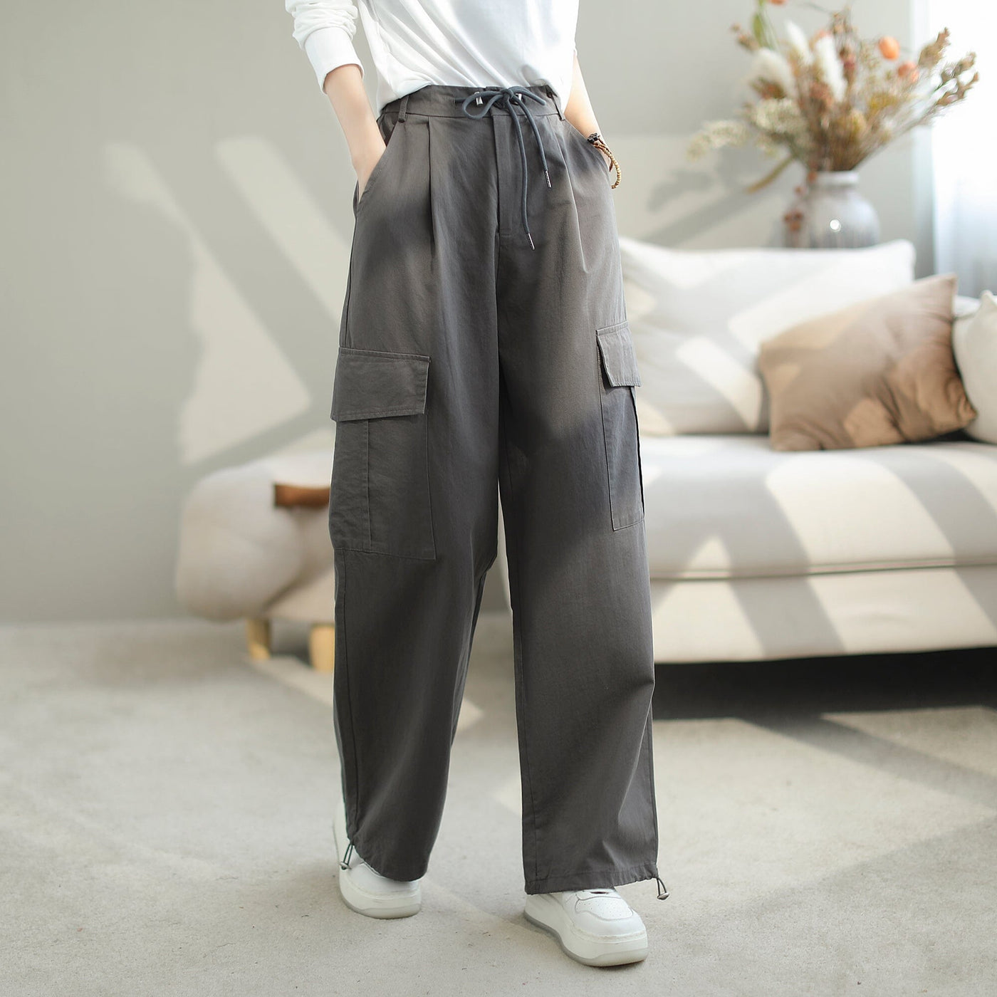 Women Stylish Loose Solid Casual Pants Sep 2023 New Arrival M Gray 