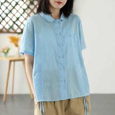 Women Summer Casual Cotton Linen Solid Blouse May 2023 New Arrival Blue One Size 