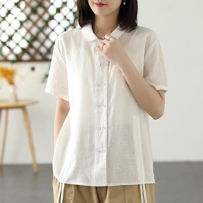 Women Summer Casual Cotton Linen Solid Blouse May 2023 New Arrival White One Size 