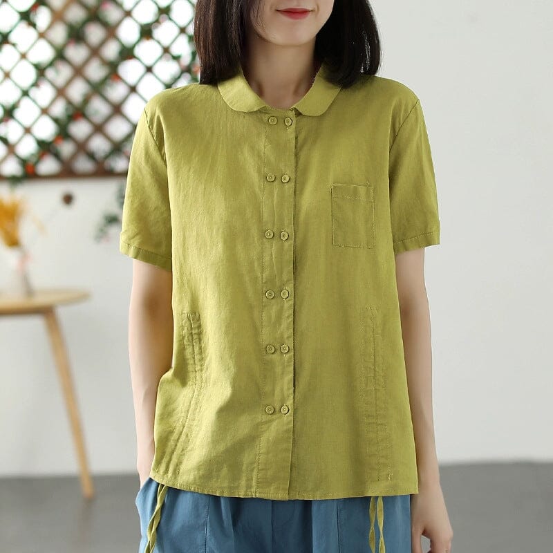 Women Summer Casual Cotton Linen Solid Blouse May 2023 New Arrival Yellow One Size 