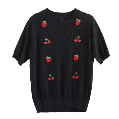 Women Summer Casual Embroidery Knitted Linen Top