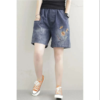 Women Summer Casual Embroidery Loose Denim Shorts Jul 2023 New Arrival 