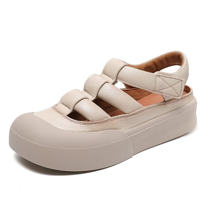 Women Summer Casual Flat Solid Leather Sandals