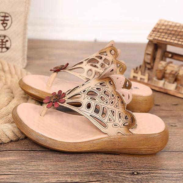 Women Summer Casual Leather Shoes Beige Portable Slippers