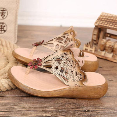 Women Summer Casual Leather Shoes Beige Portable Slippers - Babakud