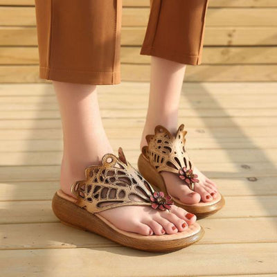 Women Summer Casual Leather Shoes Beige Portable Slippers