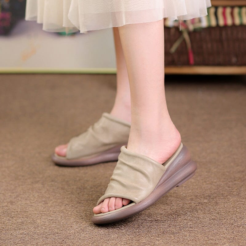 Women Summer Casual Leather Wedge Slides Sandals