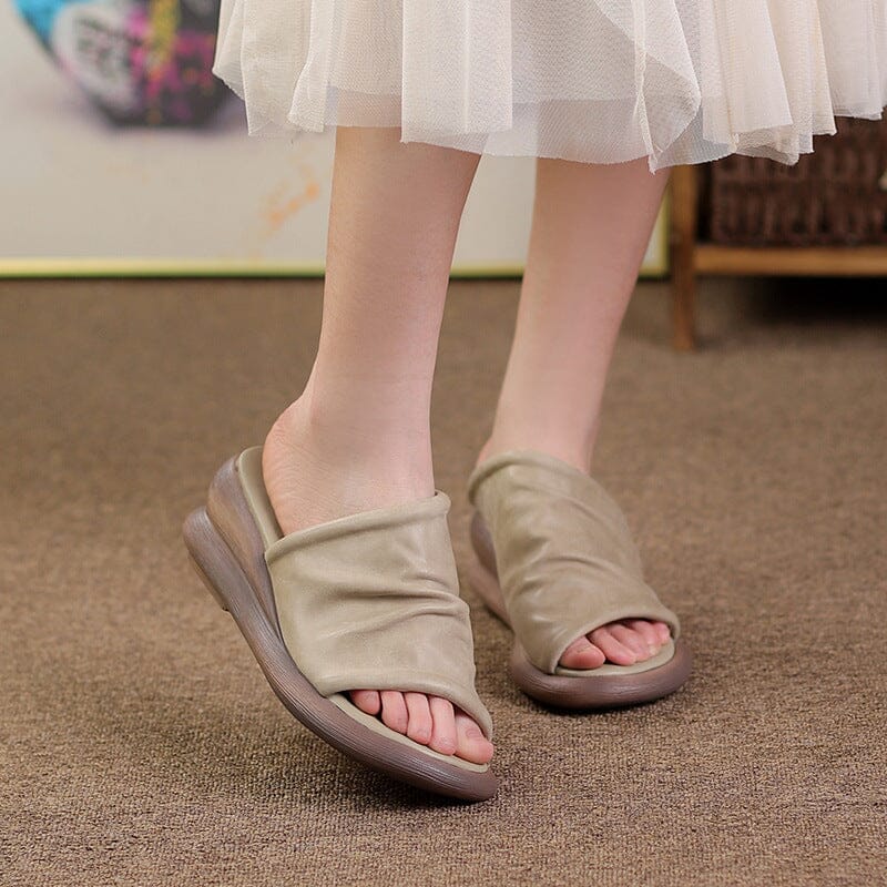 Women Summer Casual Leather Wedge Slides Sandals