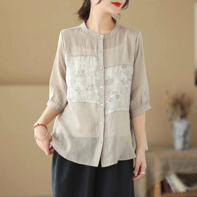 Women Summer Casual Linen Floral Patchwork Blouse Apr 2023 New Arrival Apricot One Size 