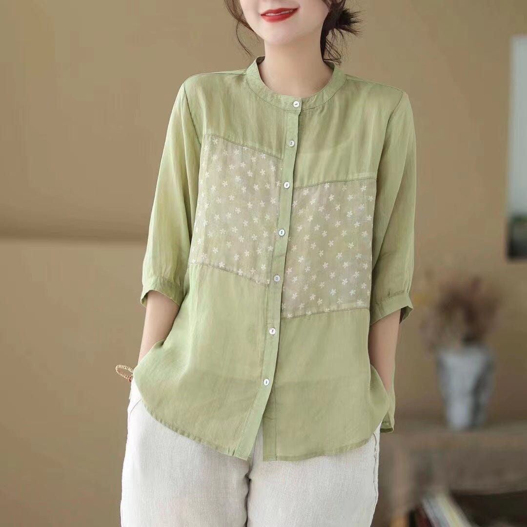 Women Summer Casual Linen Floral Patchwork Blouse Apr 2023 New Arrival Green One Size 