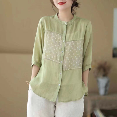 Women Summer Casual Linen Floral Patchwork Blouse Apr 2023 New Arrival Green One Size 