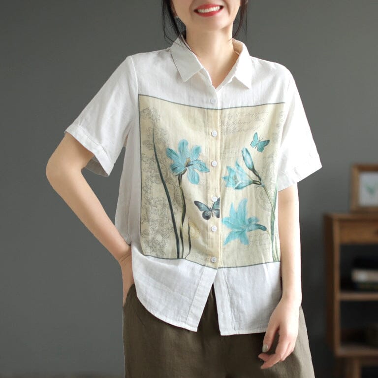 Women Summer Casual Loose Retro Print Blouse May 2023 New Arrival Beige One Size 