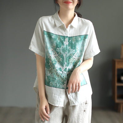 Women Summer Casual Loose Retro Print Blouse May 2023 New Arrival Blue One Size 