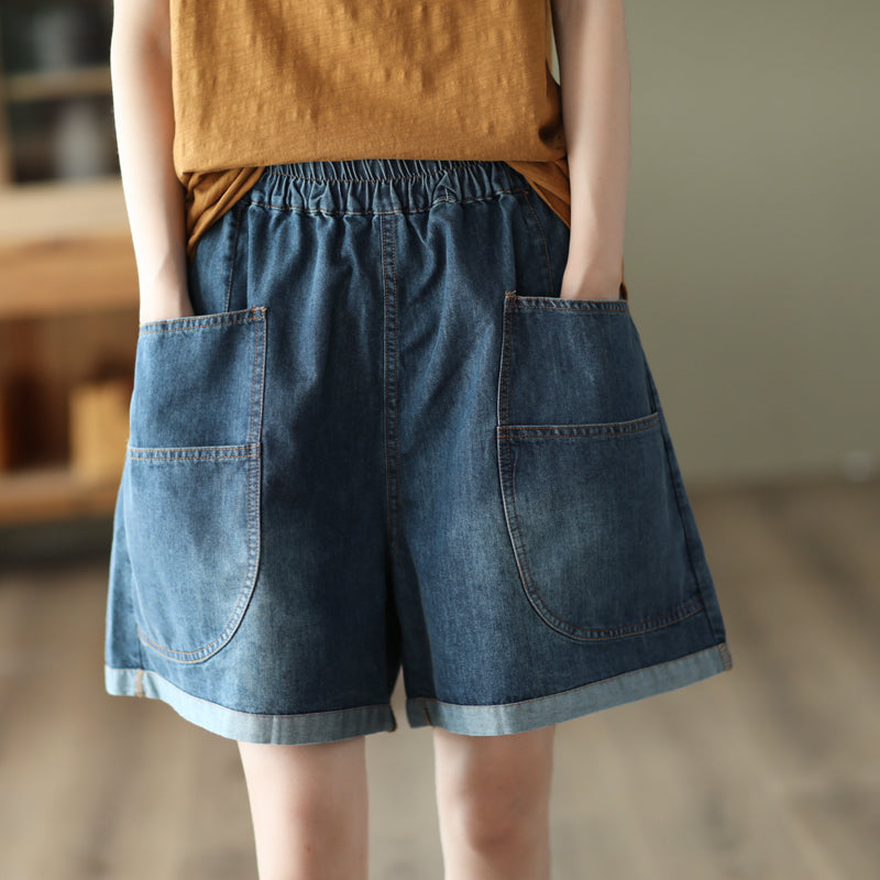 Women Summer Casual Loose Wide Leg Full Cotton Denim Shorts