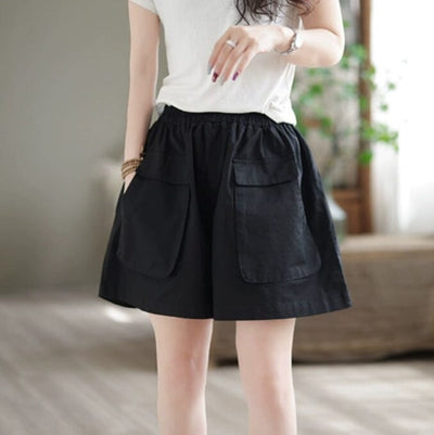 Women Summer Casual Minimalist Cotton Loose Shorts Jun 2023 New Arrival Black One Size 