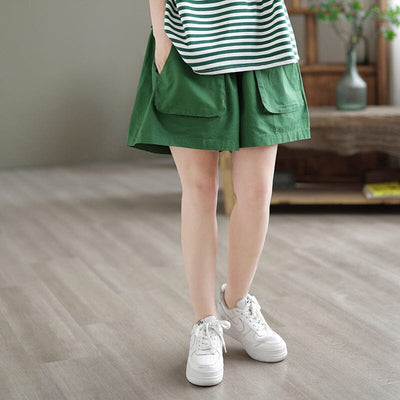Women Summer Casual Minimalist Cotton Loose Shorts Jun 2023 New Arrival Green One Size 