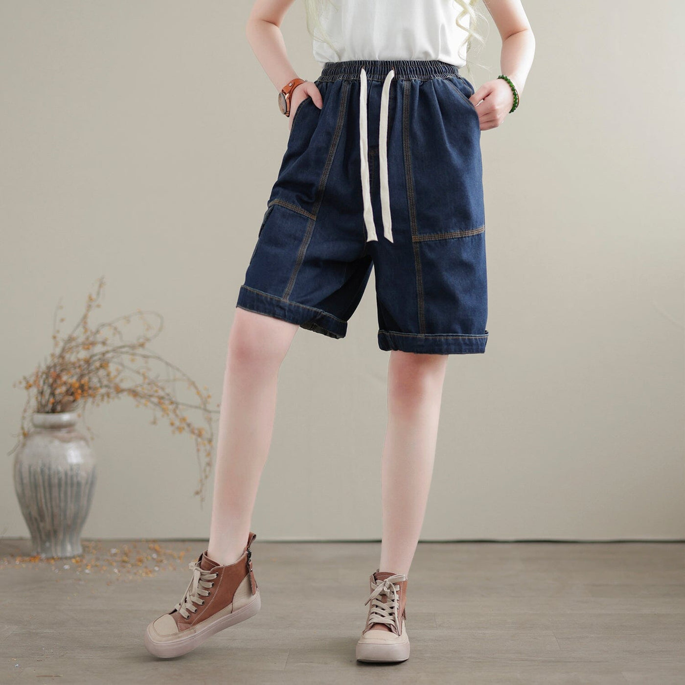 Women Summer Casual Solid Denim Shorts May 2023 New Arrival One Size Navy 
