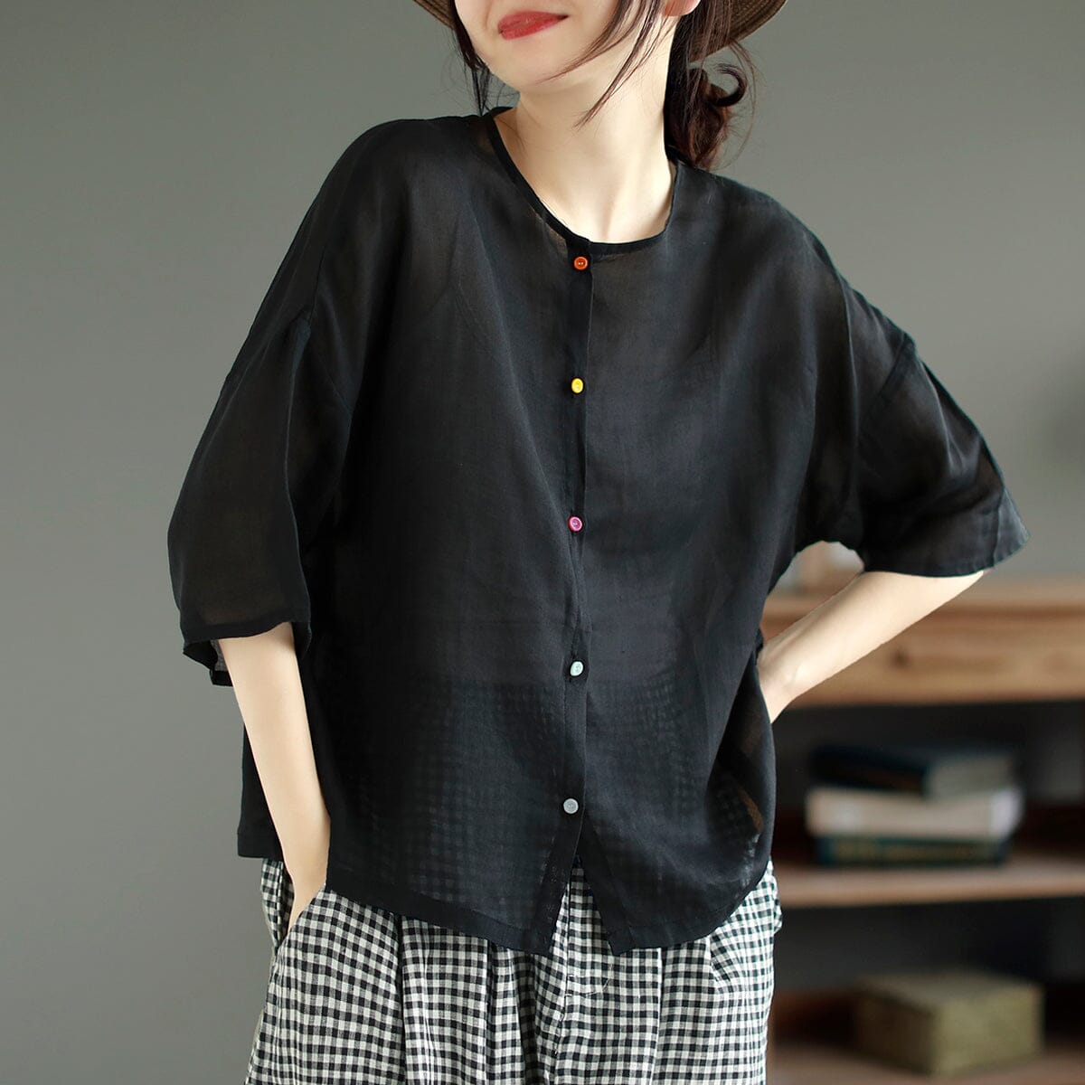 Women Summer Casual Solid Linen Blouse Apr 2023 New Arrival One Size Black 