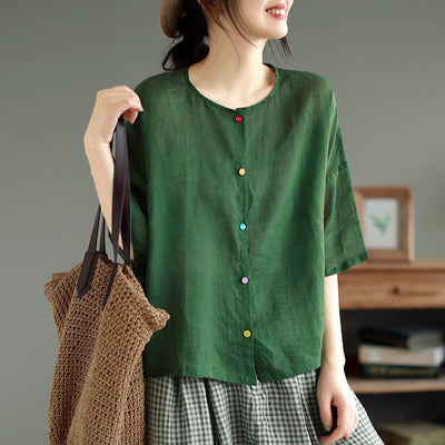 Women Summer Casual Solid Linen Blouse Apr 2023 New Arrival One Size Green 