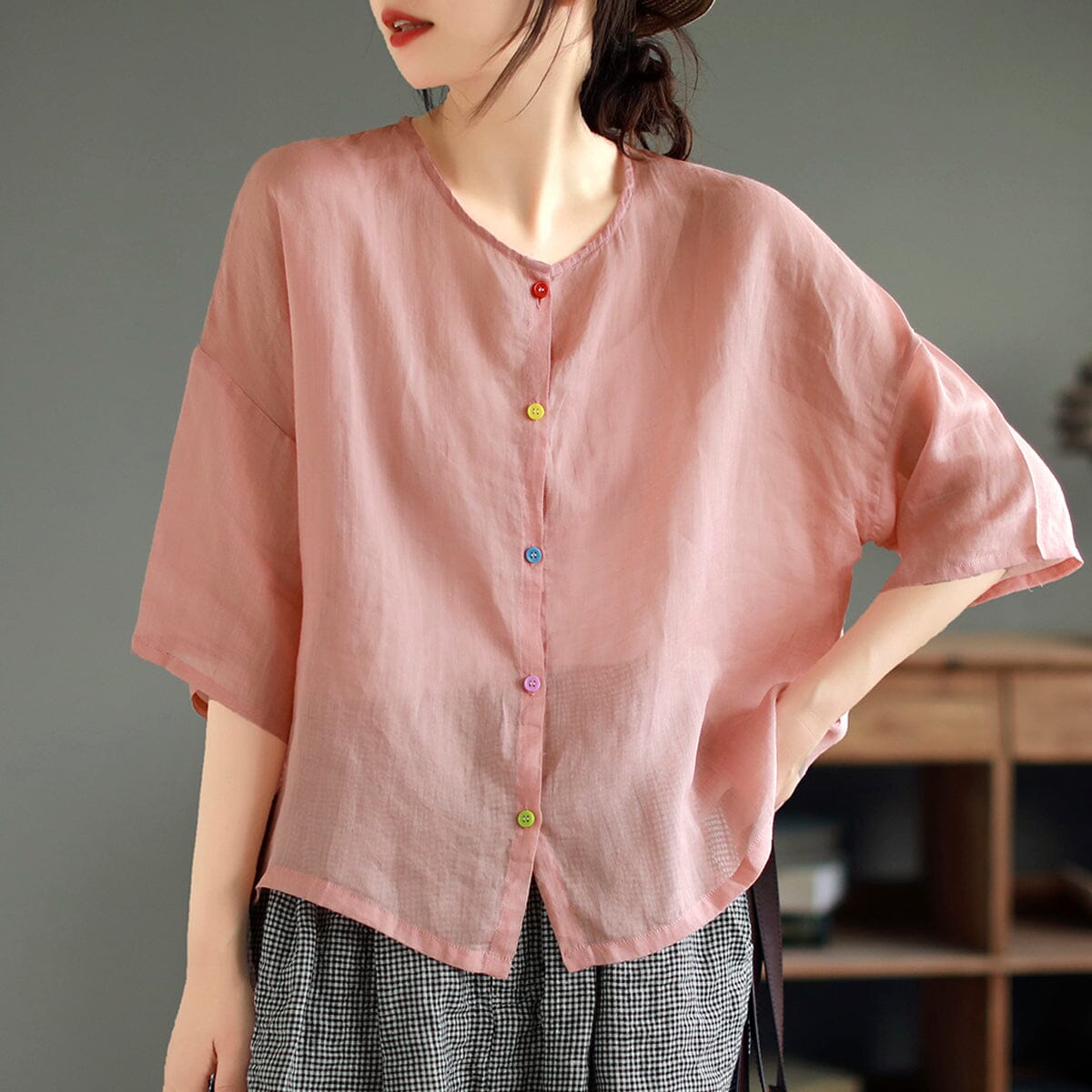 Women Summer Casual Solid Linen Blouse Apr 2023 New Arrival One Size Pink 