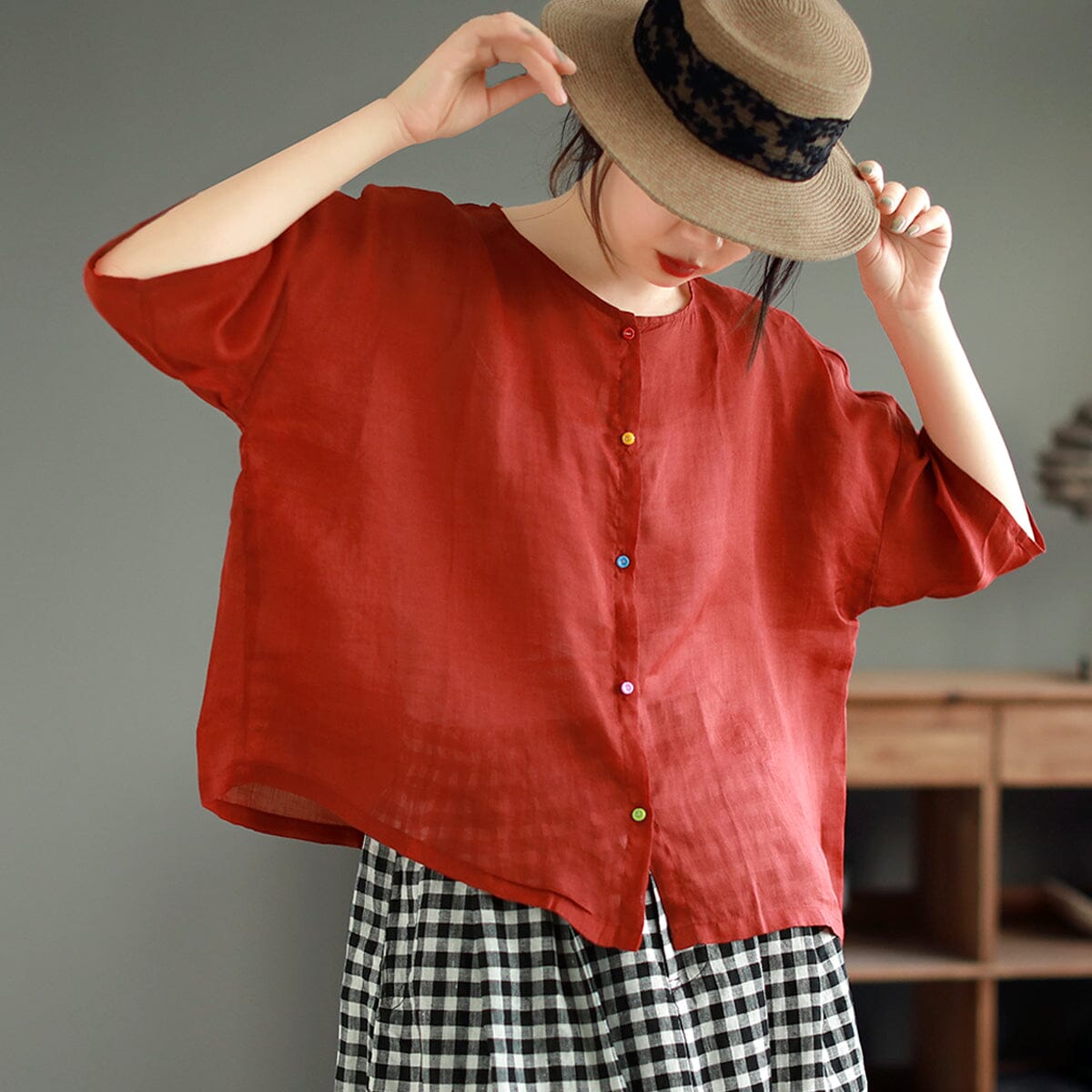 Women Summer Casual Solid Linen Blouse Apr 2023 New Arrival One Size Red 