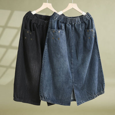 Women Summer Casual Solid Split Denim Skirt