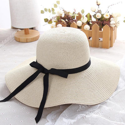 Women Summer Casual Solid Straw Hat With Bow-knot ACCESSORIES One Size Beige 