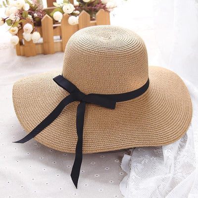 Women Summer Casual Solid Straw Hat With Bow-knot ACCESSORIES One Size Khaki 