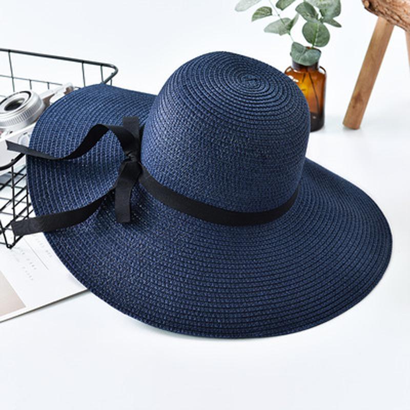 Women Summer Casual Solid Straw Hat With Bow-knot ACCESSORIES One Size Navy Blue 