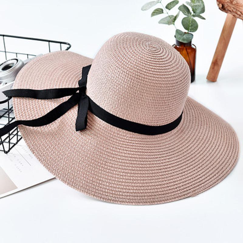 Women Summer Casual Solid Straw Hat With Bow-knot ACCESSORIES One Size Pink 