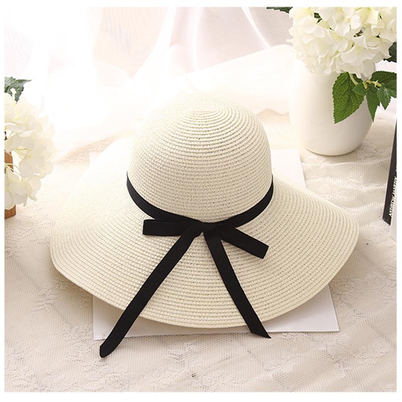 Women Summer Casual Solid Straw Hat With Bow-knot May 2021 New-Arrival 56.00-58.00 cm/ 22.05-22.83 " Beige 