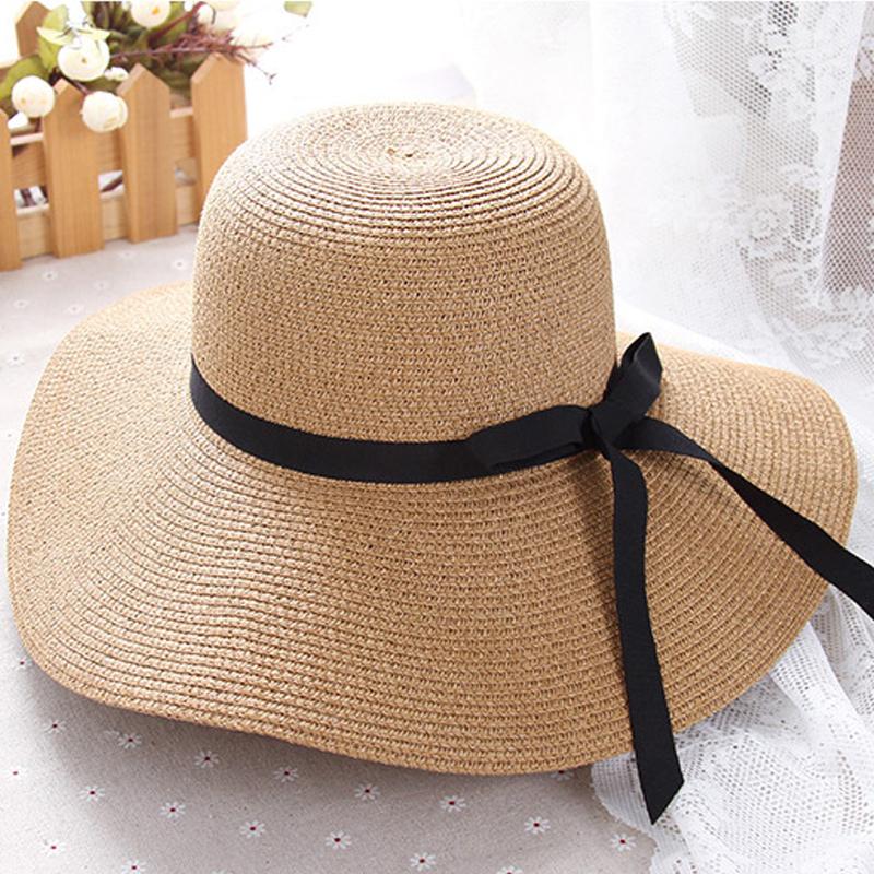Women Summer Casual Solid Straw Hat With Bow-knot May 2021 New-Arrival 56.00-58.00 cm/ 22.05-22.83 " Khaki 