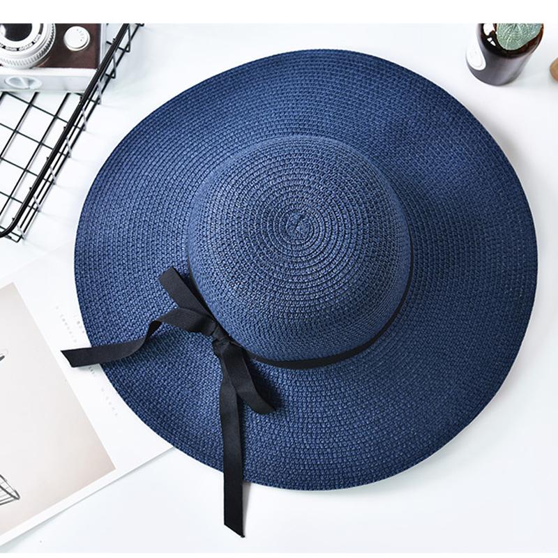 Women Summer Casual Solid Straw Hat With Bow-knot May 2021 New-Arrival 56.00-58.00 cm/ 22.05-22.83 " Navy Blue 
