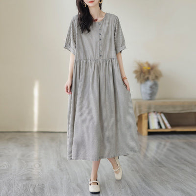 Women Summer Casual Stripe Cotton Linen Dress