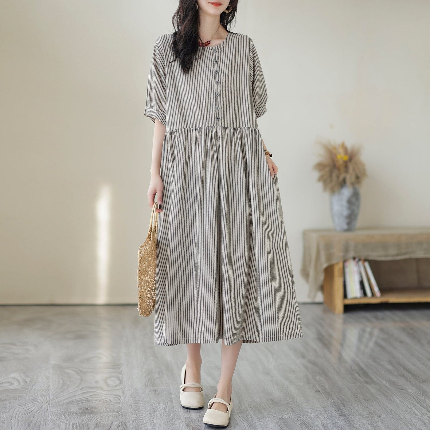 Women Summer Casual Stripe Cotton Linen Dress May 2023 New Arrival One Size Gray 