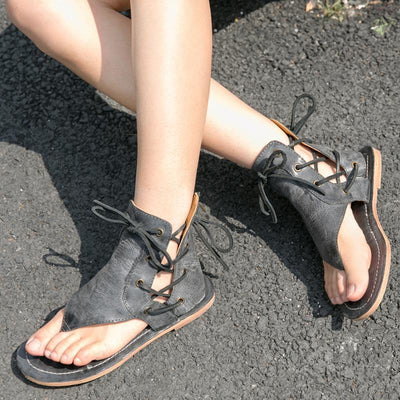 Women Summer Clip Toe Lace Up Retro Flats Sandals