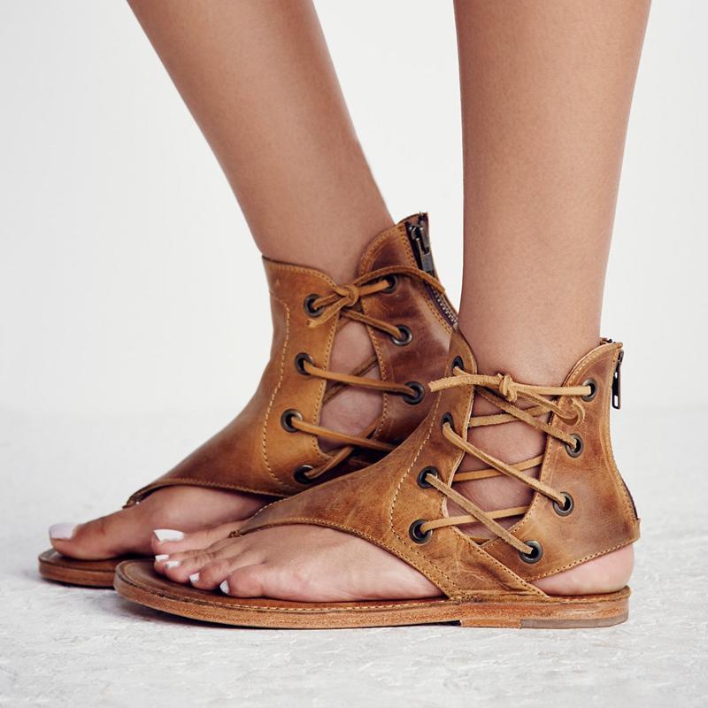 Women Summer Clip Toe Lace Up Retro Flats Sandals