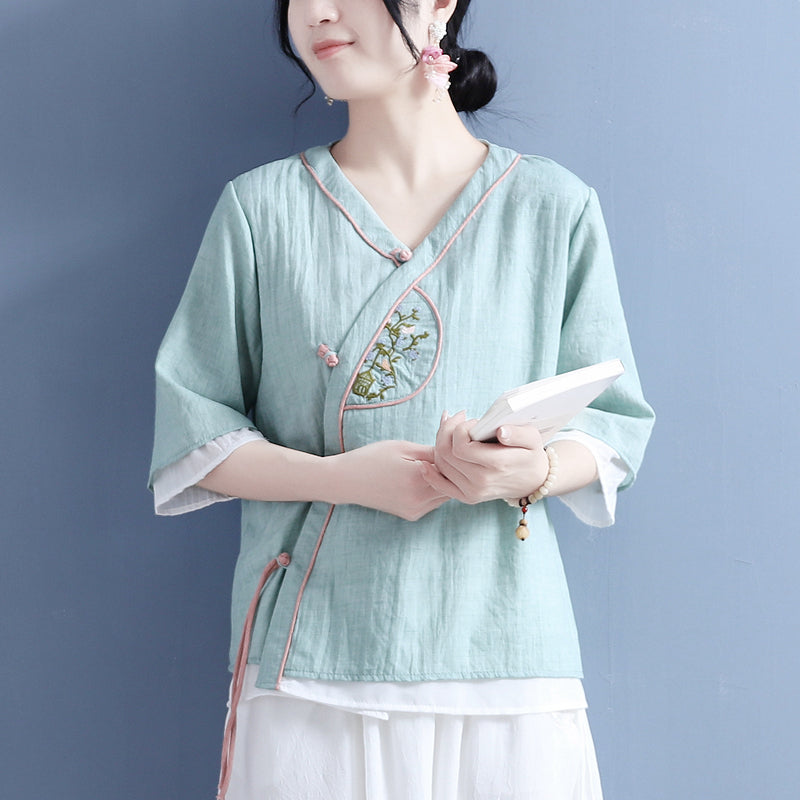 Women Summer Cotton Linen Vintage Blouse Apr 2022 New Arrival One Size Green 