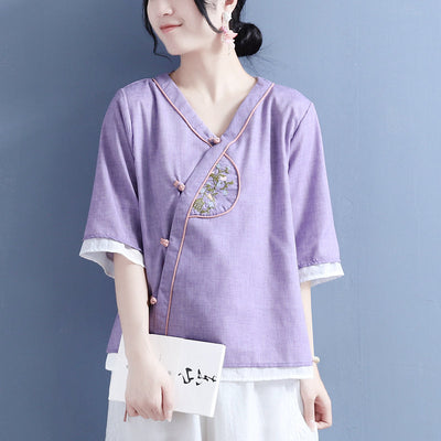 Women Summer Cotton Linen Vintage Blouse Apr 2022 New Arrival One Size Purple 