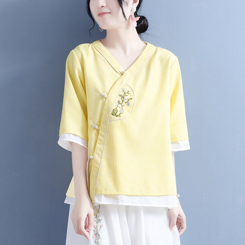 Women Summer Cotton Linen Vintage Blouse Apr 2022 New Arrival One Size Yellow 
