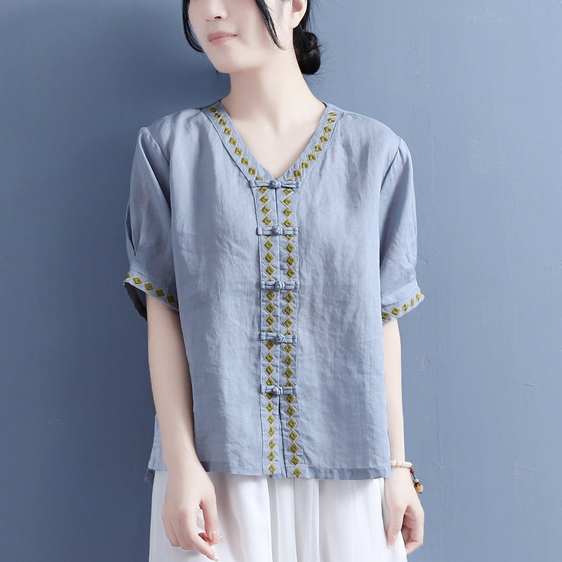 Women Summer Cotton Linen Vintage Blouse May 2022 New Arrival One Size Blue 