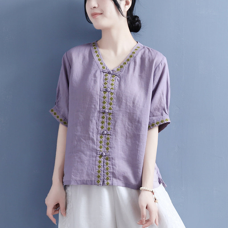 Women Summer Cotton Linen Vintage Blouse May 2022 New Arrival One Size Purple 