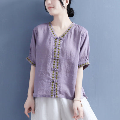 Women Summer Cotton Linen Vintage Blouse