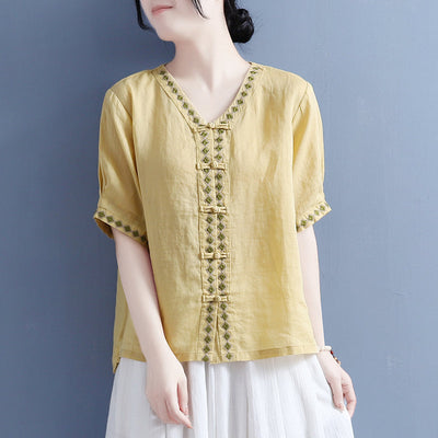 Women Summer Cotton Linen Vintage Blouse May 2022 New Arrival One Size Yellow 