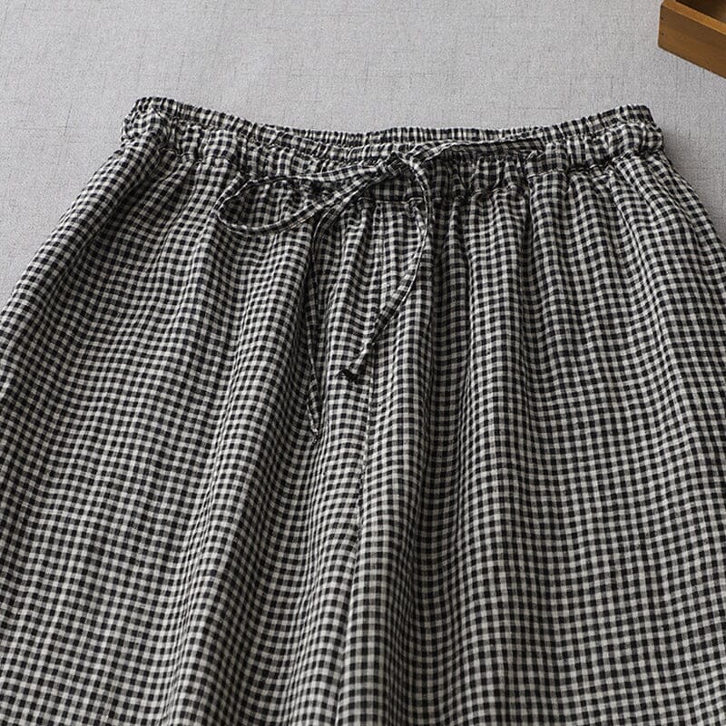 Women Summer Cotton Linen Wide Leg Plaid Pants