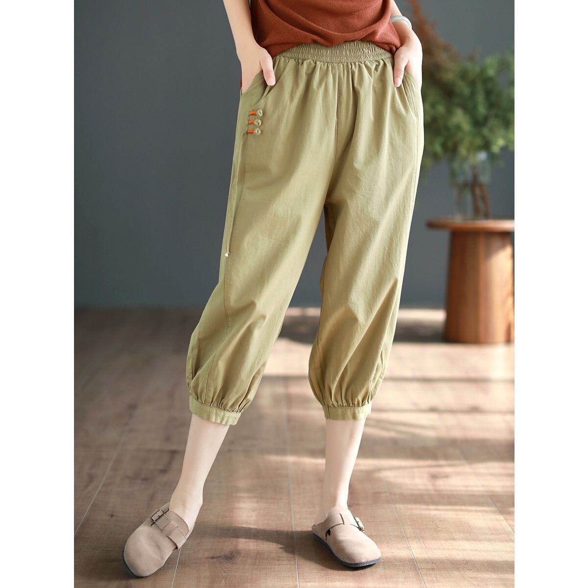 Women Summer Cottotton Solid Calf-length Harem Pants