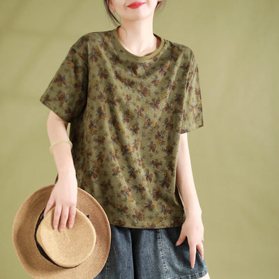 Women Summer Floral Cotton Casual T-Shirt Jun 2023 New Arrival Green One Size 